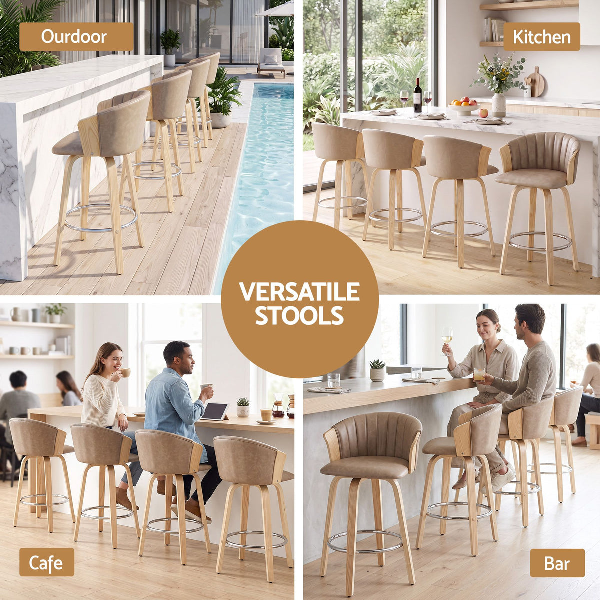 Artiss Wooden Swivel Bar Stools 66cm Khaki Set of 4