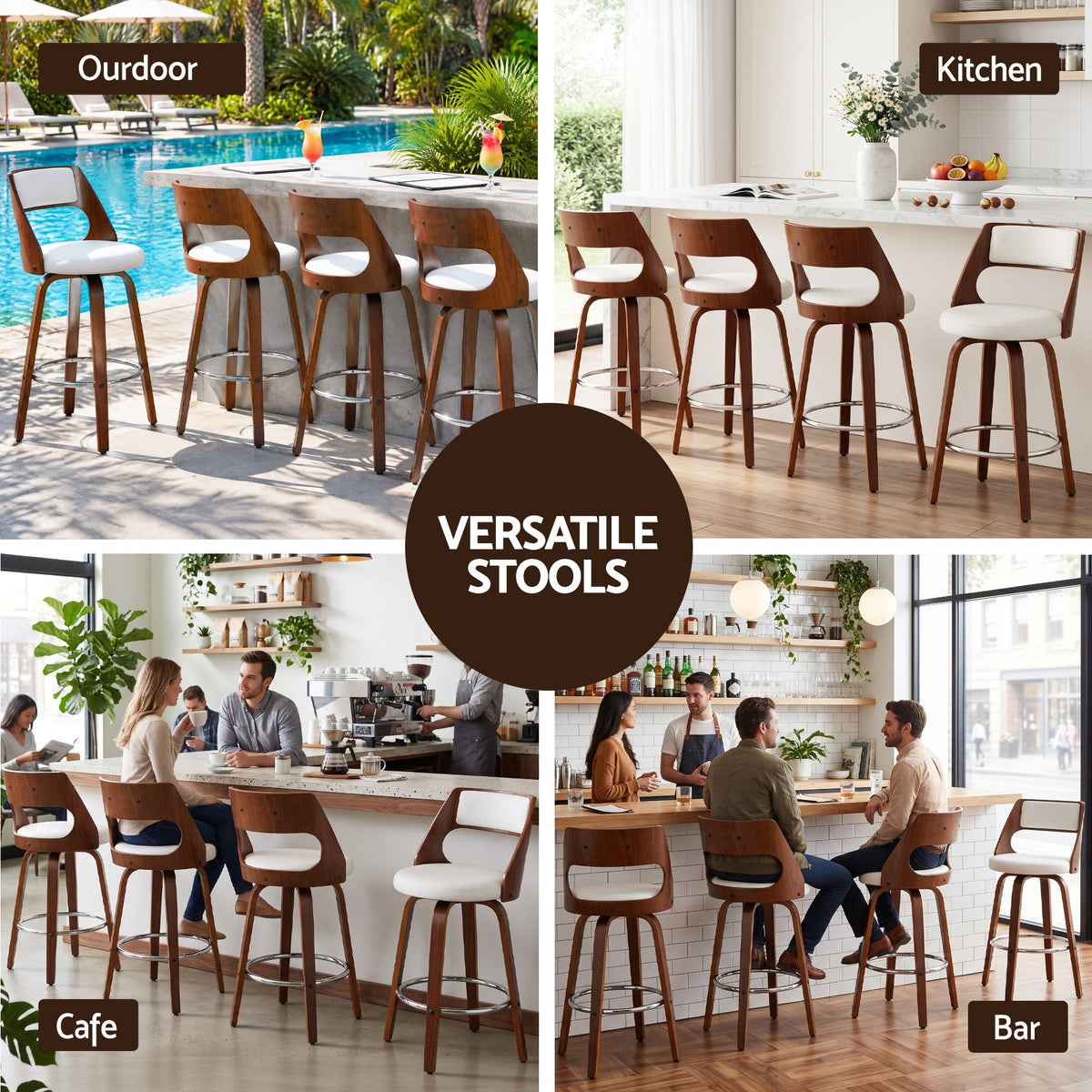 Artiss Wooden Swivel Bar Stools 65cm White/Walnut Set of 4