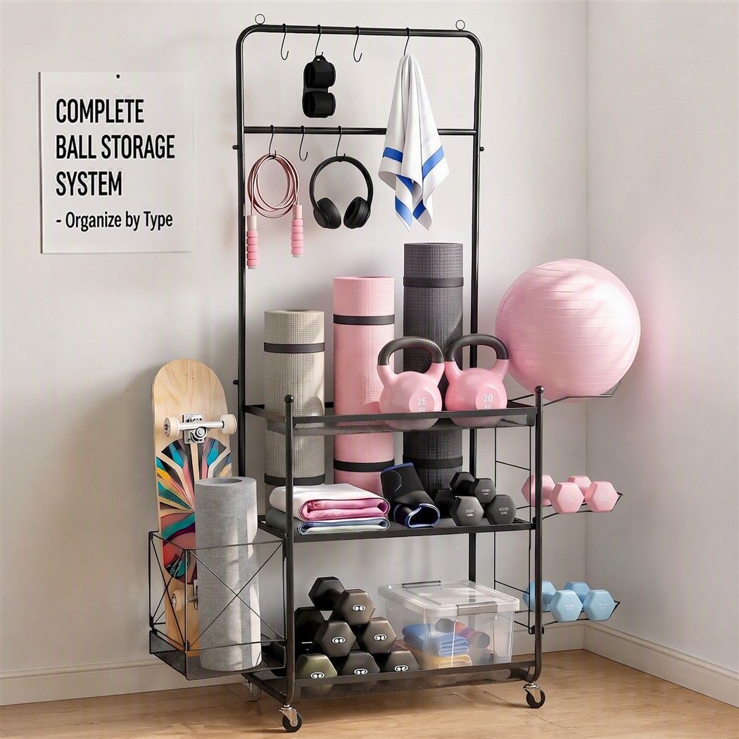 Everfit Yoga Mat Ball Storage Cart Multifunction Equipment Organizer Rack 145cm