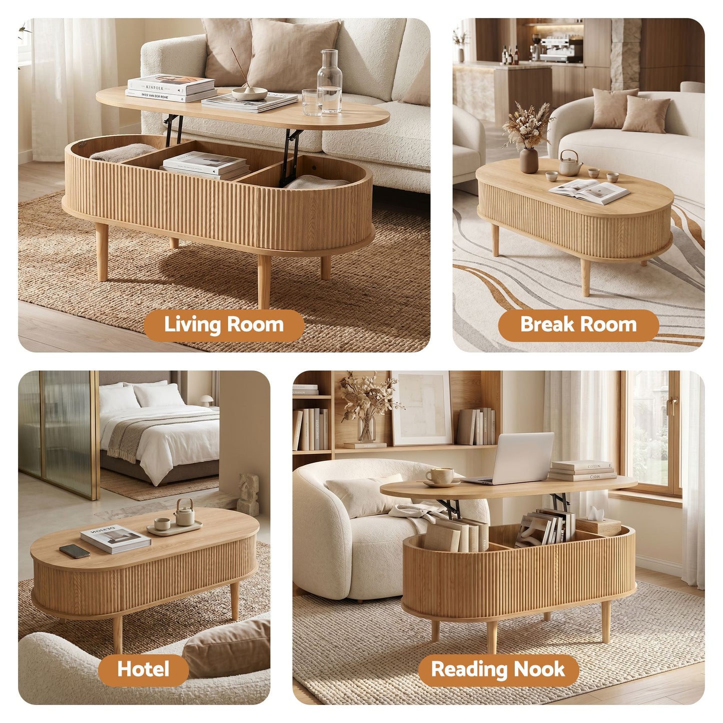 Artiss Lift-Top Fluted Oval Coffee Table with Storage - 100cm