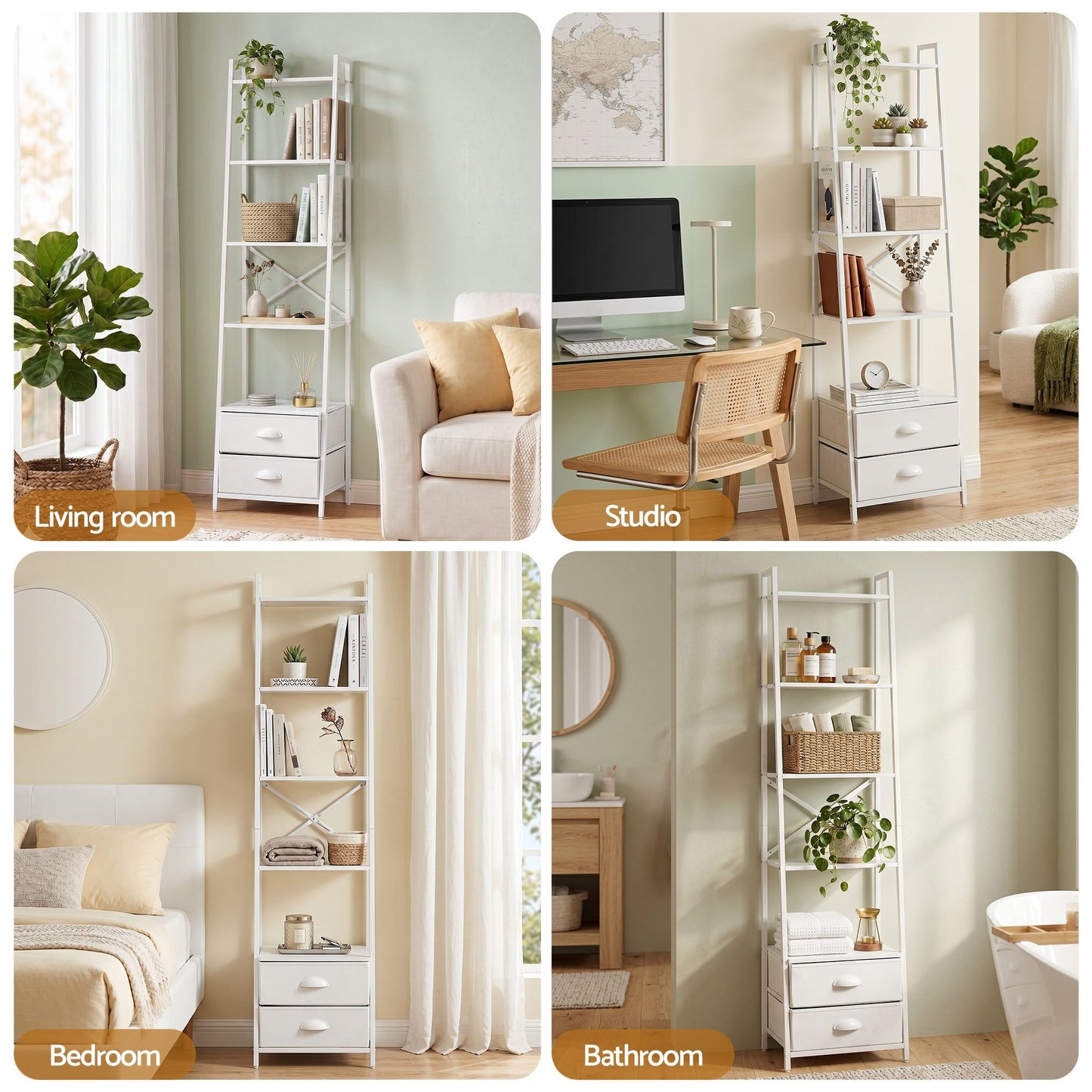 Artiss 5 Tier Bookshelf with Fabric Drawers - White