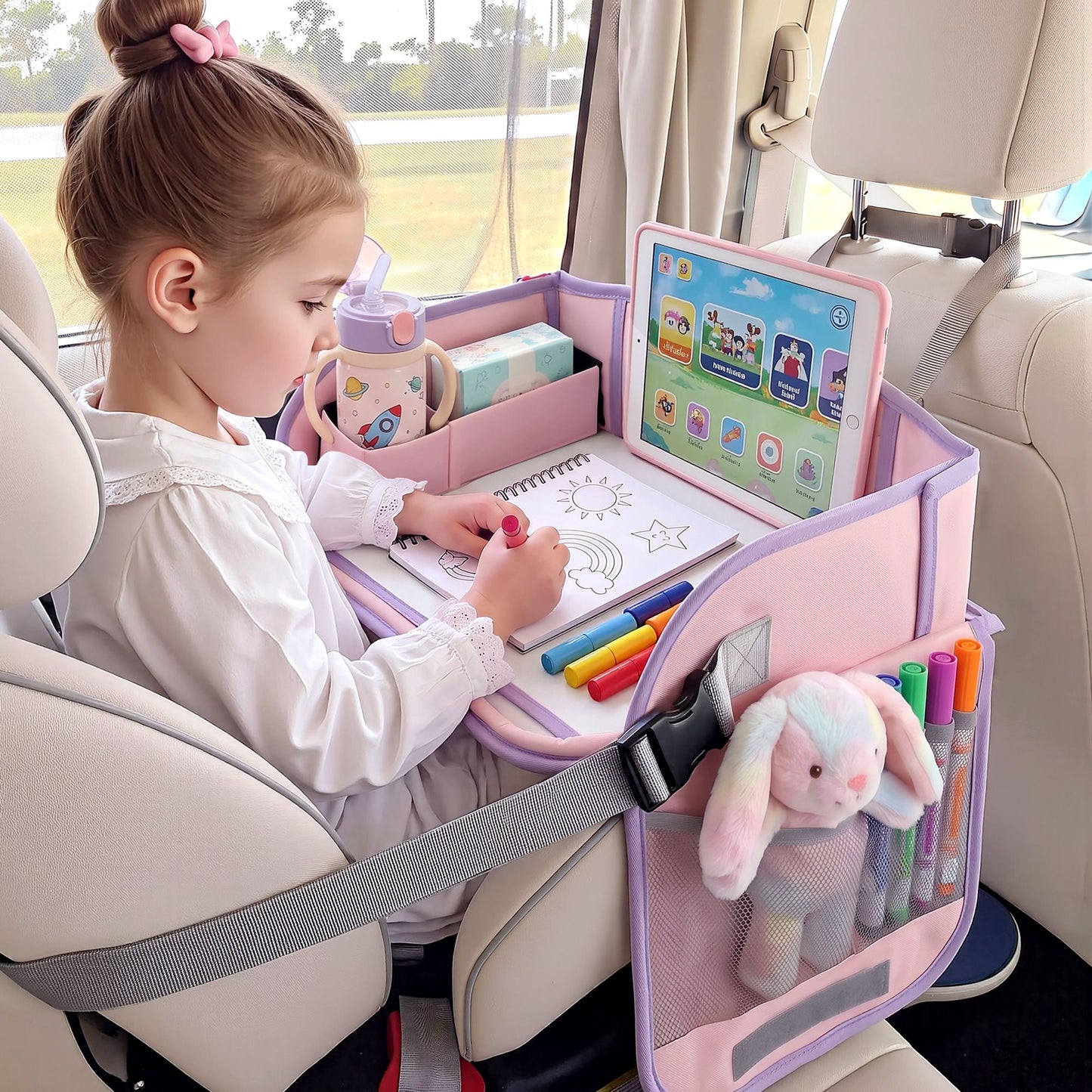 Keezi Kids Travel Tray Car Seat Lap Desk Portable Car Desk Organiser for Car & Airplane Pink