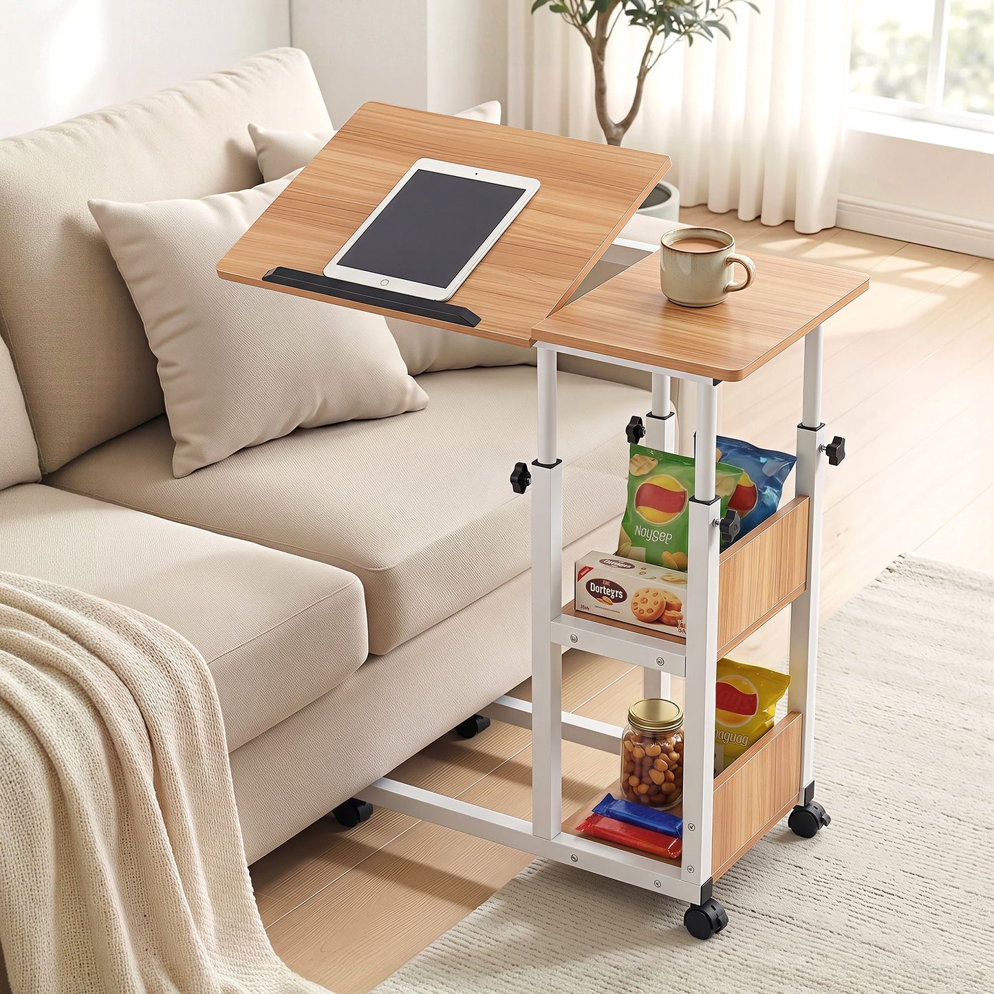 Artiss 3 Tier Adjustable Laptop Desk Tiltable Mobile Side Table Wheels Oak