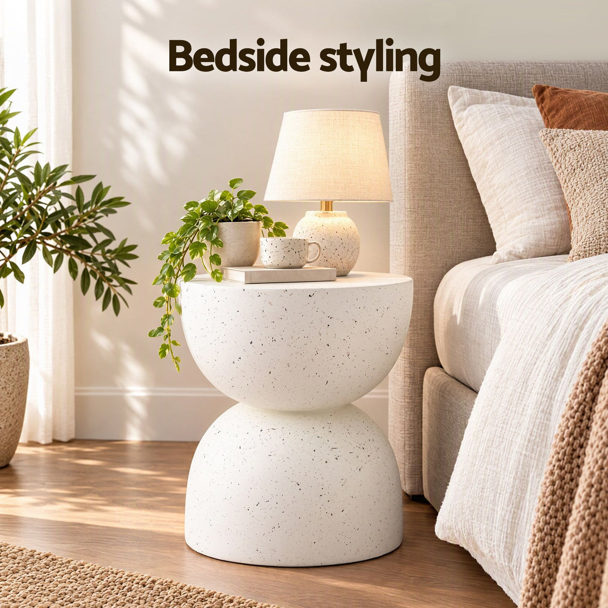 Gardeon Hourglass Outdoor Side Table 42cm White Terrazzo Look