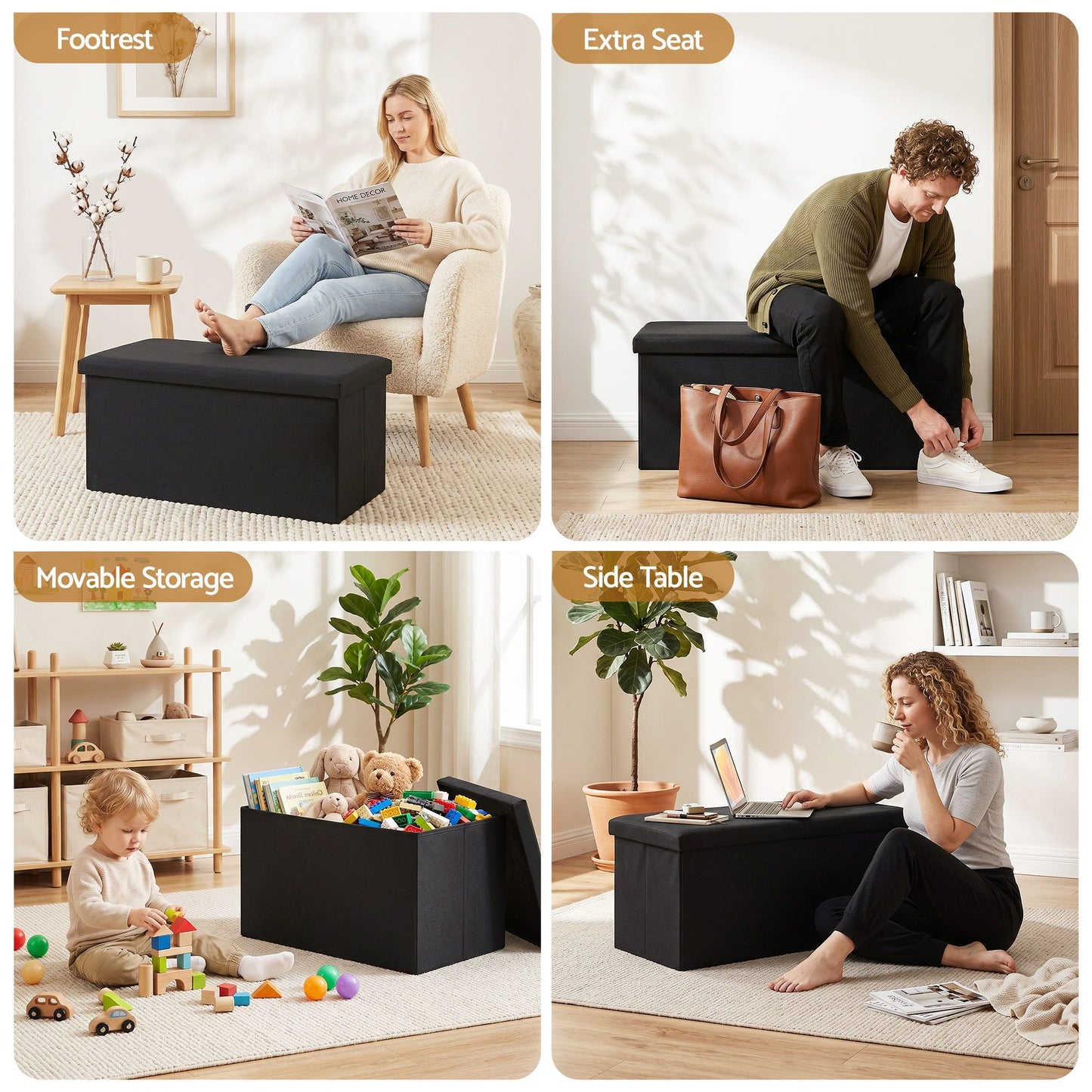Artiss Folding Storage Ottoman Bench - Black