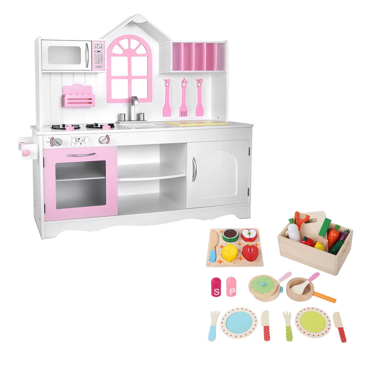 Keezi Wooden Kitchen Playset - Pink/White