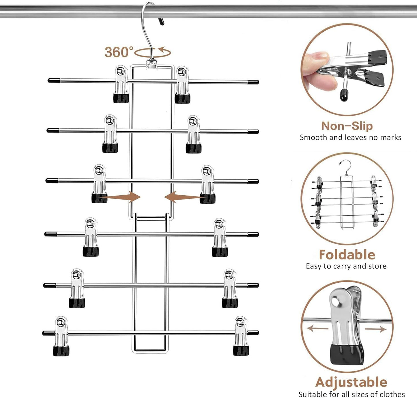 6-Tier Metal Clothing Organizer Hanger with 12 Adjustable Clips, 360° Swivel Hook, Foldable Design, and Rubber-Tipped Grips for Pants, Skirts, Bras, Sweaters, and Scarves—Space-Efficient Closet Solution (1pack)