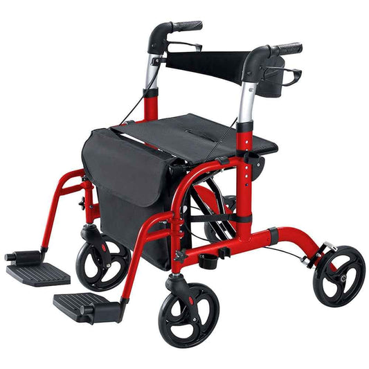 2-in-1 Aluminium Rollator Walker - Red - 136kg Capacity