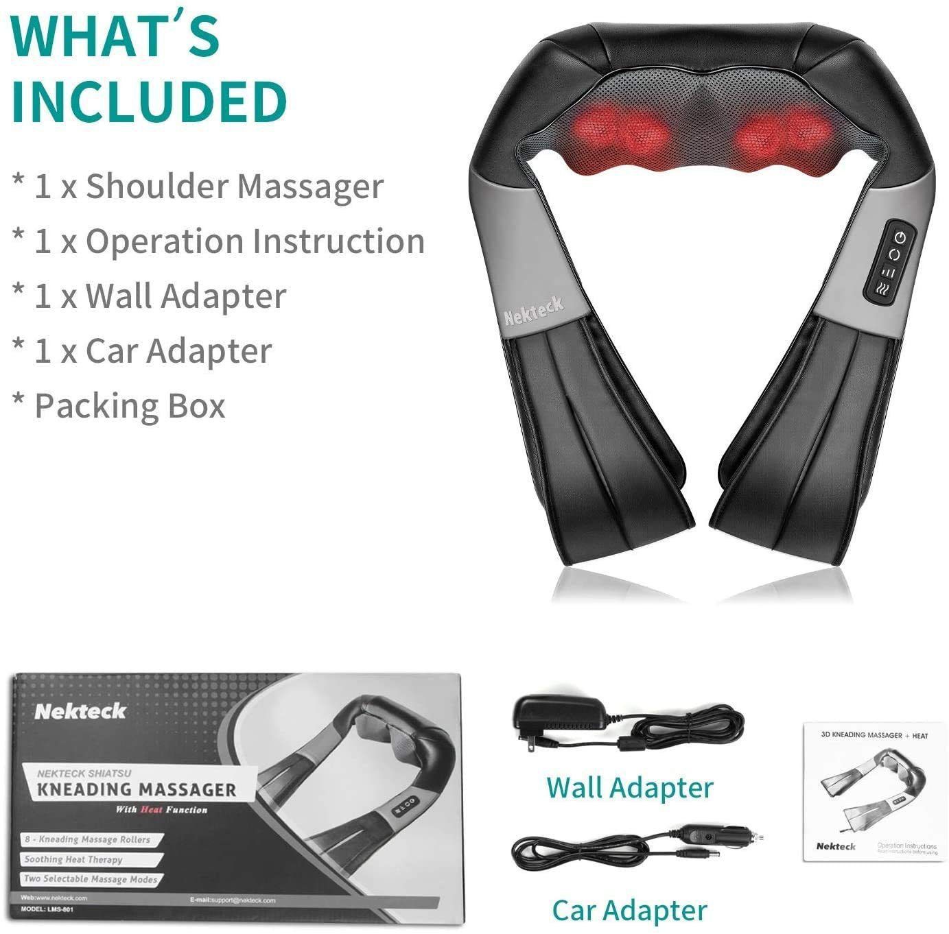 Shiatsu Neck Shoulder Massager with Red Light Heat, 8 Deep Kneading Nodes 3 Speed Bi-Directional Rotation Massage Shawl, for Neck Back Waist Leg Home Office Car Use, AC & Car Adapters Included