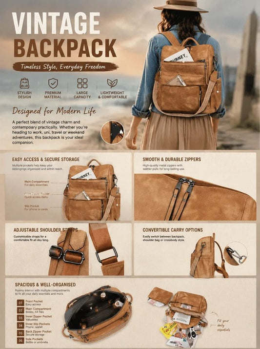 Women's Retro Multi-Pocket Backpack - Black