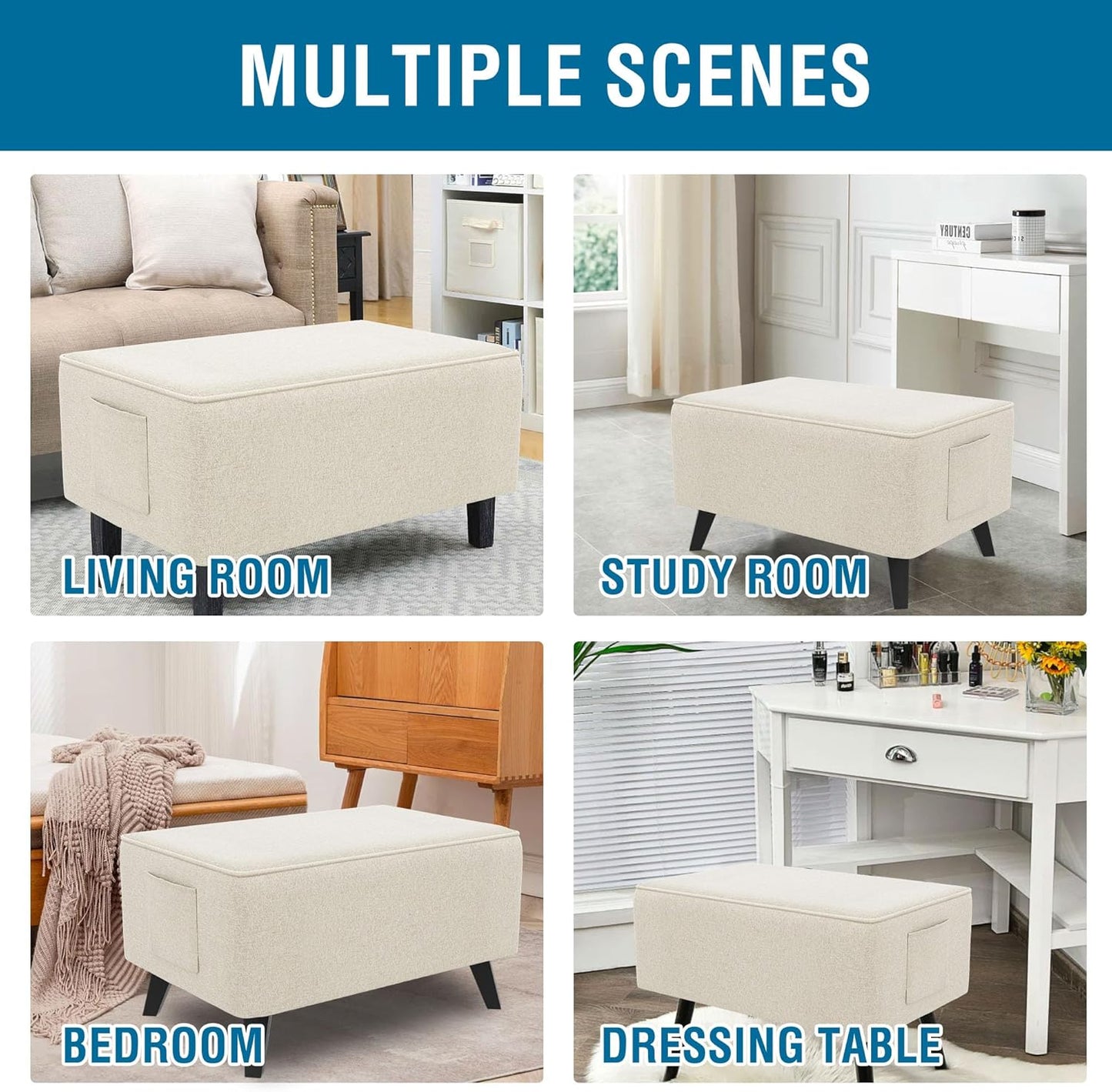Thick Durable Linen Look Ottoman Cover Folding Storage Stool Furniture Protector Soft Rectangle Slipcover with Elastic Bottom Fit Length 43"-44" Footrest Washable - Heather Ivory Rectangle:X-large
