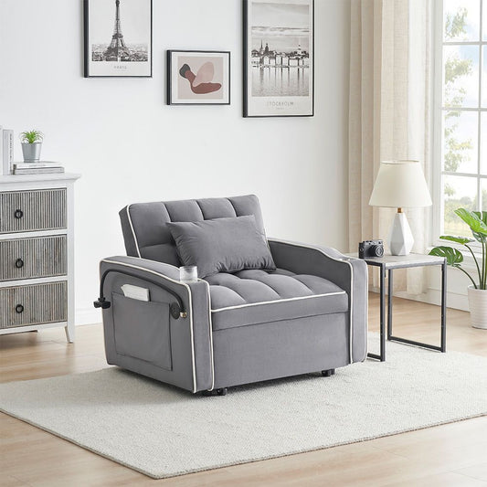 Single Sofa Bed with USB Ports and Phone Holder - Grey
