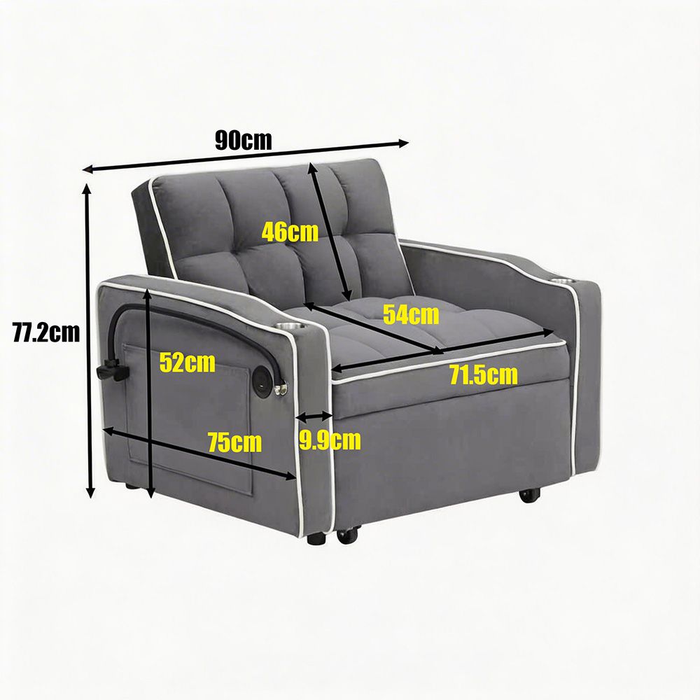 Single Sofa Bed with USB Ports and Phone Holder - Grey