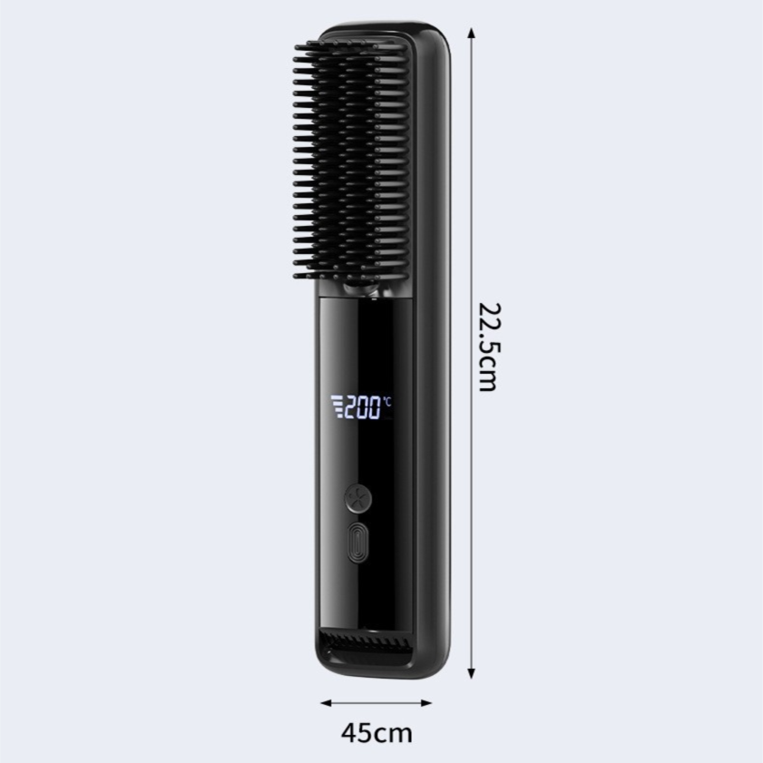 Black Wireless Rechargeable Hair Straightener Brush with LCD Display