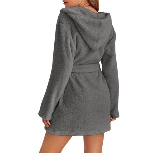 Dark Grey 2XL Size Women's Ultra-Thick Plush Robe with Large Hood & Pockets - Warm Winter Double-Layer Sherpa Fleece Lounge, Bathrobe & Nightwear