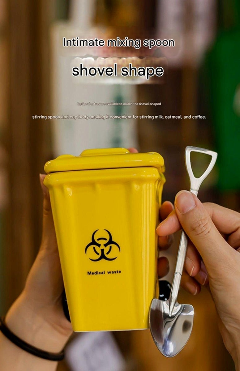Blue Creative Trash Can Ceramic Mug with Shovel Spoon - 400ml