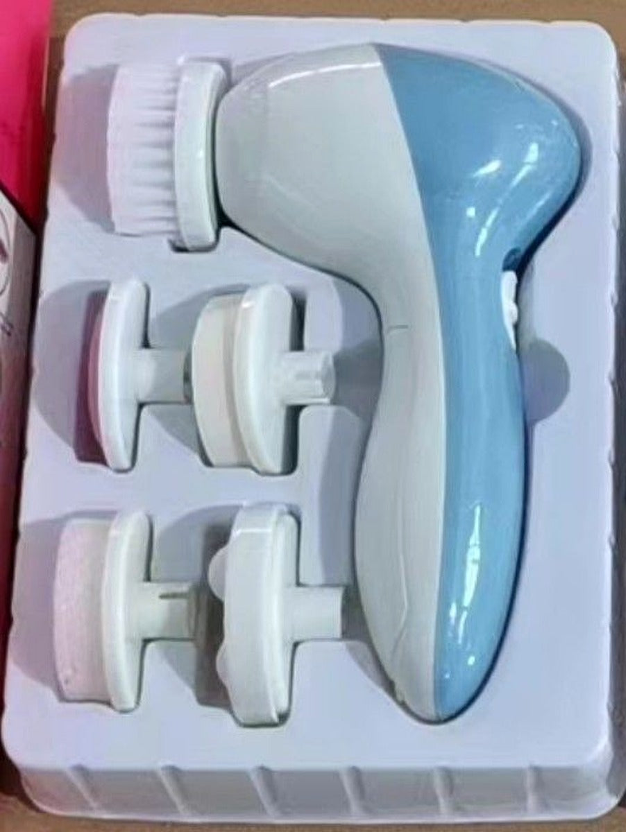 Blue 5-in-1 Electric Facial Cleansing Brush - Rotating Face Scrubber