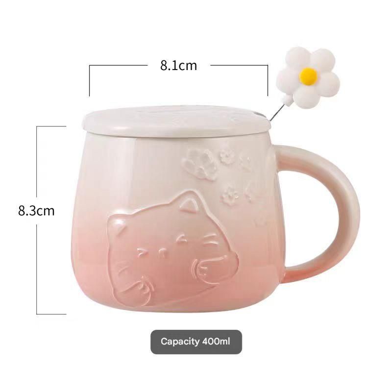 Green Gradient Cat Ceramic Mug with Lid & Spoon 400ml