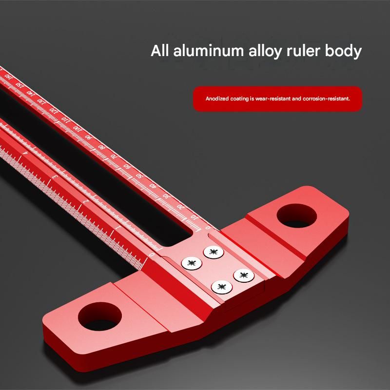 Red Multifunctional T-Square Ruler 0-400mm - Aluminium Alloy with Laser Engraved Scale - Interchangeable Drill Bushings, 90 Degree Marking & Drilling Guide for Woodworking, DIY and Carpentry