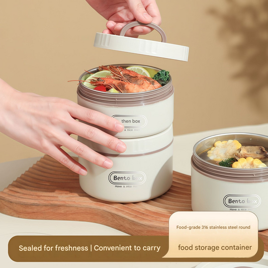 Double Layer Insulated Lunch Box Microwave Safe Round Bento Box with Insulated Bag and Cutlery(1 large, 2 small)