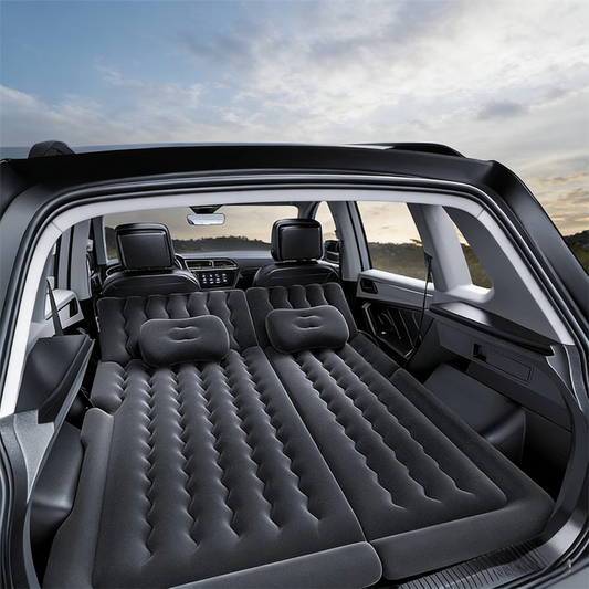 Black Multi-Chamber Car Inflatable Air Mattress with Electric Pump, Storage Bag & Pillows for Universal Trunk Sleeping and Camping