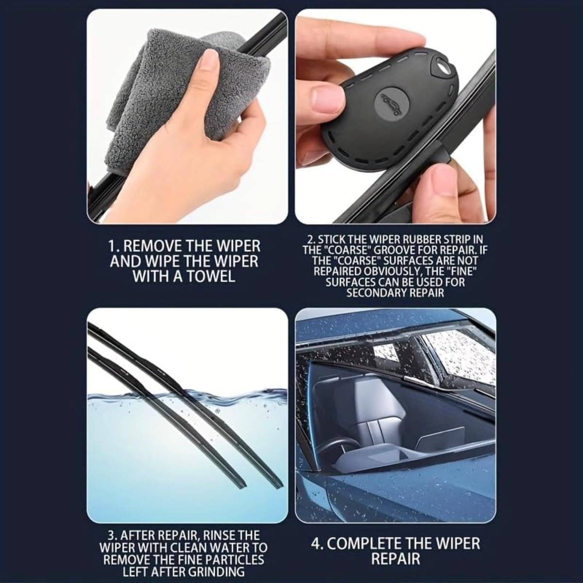 4PCS Black Portable Car Windshield Wiper Blade Repair Tool - Triple the Wiper Lifespan – Dual Grit Sanding Restorer and Trimmer for Wiper Rubber Strips