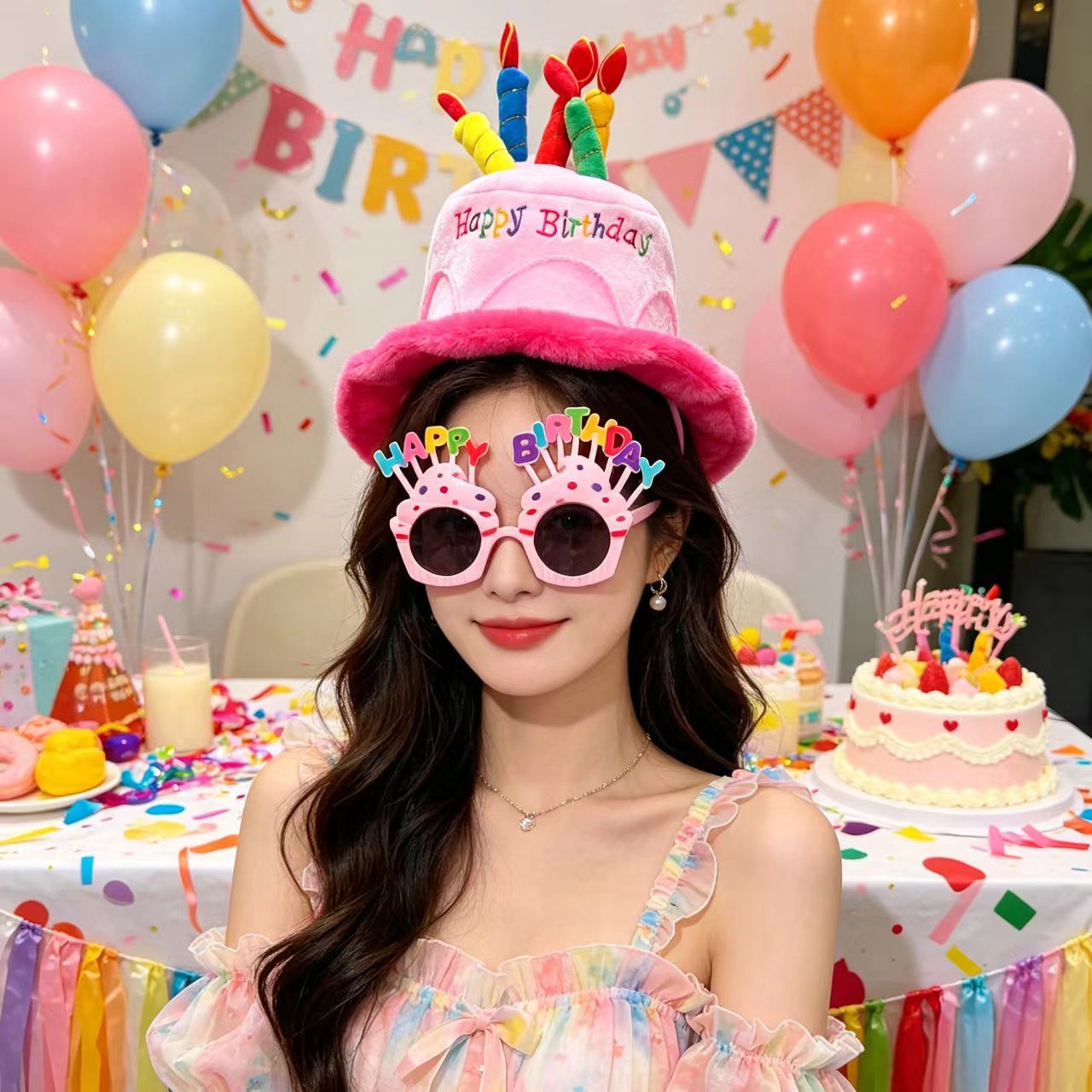 2-Piece Pink Plush Birthday Cake Hat Set, Fun Photo Prop
