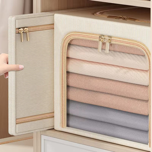 Khaki 49L Slim Foldable Clothes Storage Box Large Capacity Fabric Wardrobe Organiser with Clear Window Dustproof