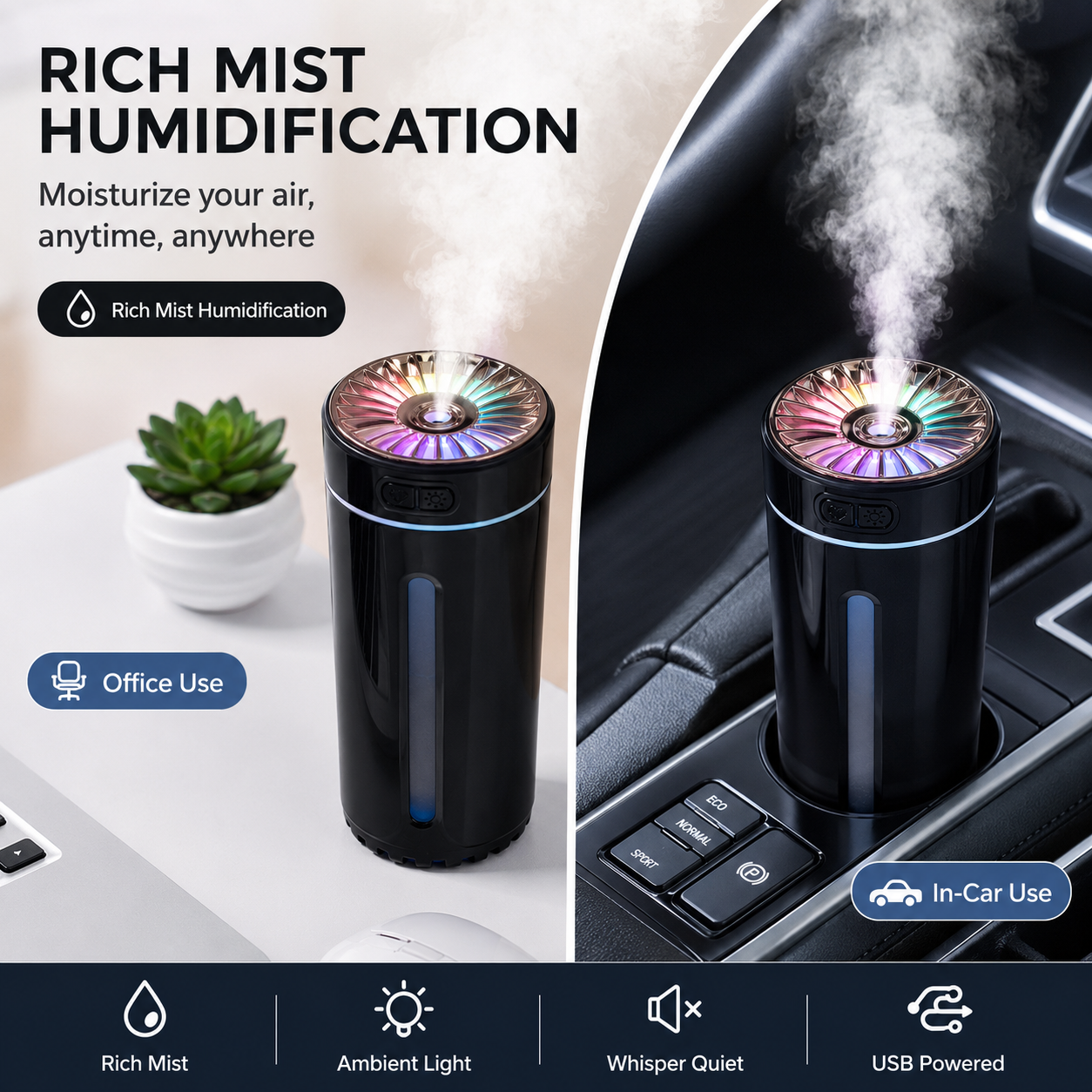 USB Car Aroma Diffuser Humidifier - Black