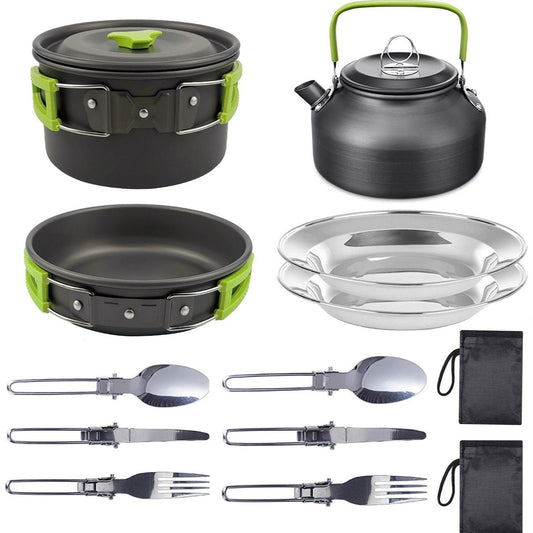 11 Piece Camping Cookware Set - green