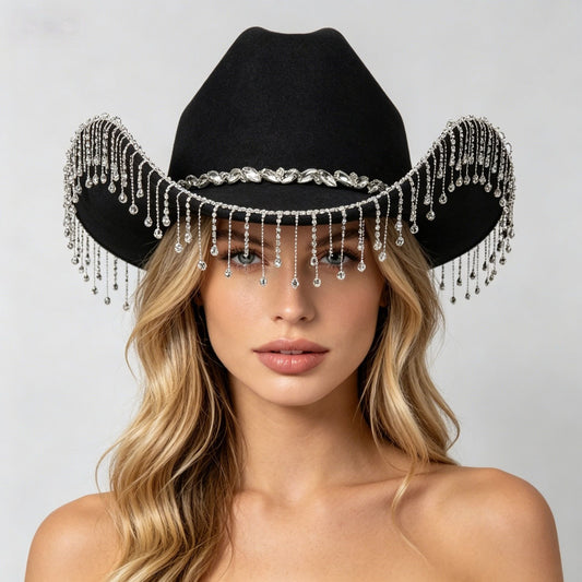 Western Cowboy Hat with Rhinestone Tassel Fringe - Black Felt-Style Party Hat with Decorative Chain for Festivals, Weddings and Stage Outfits