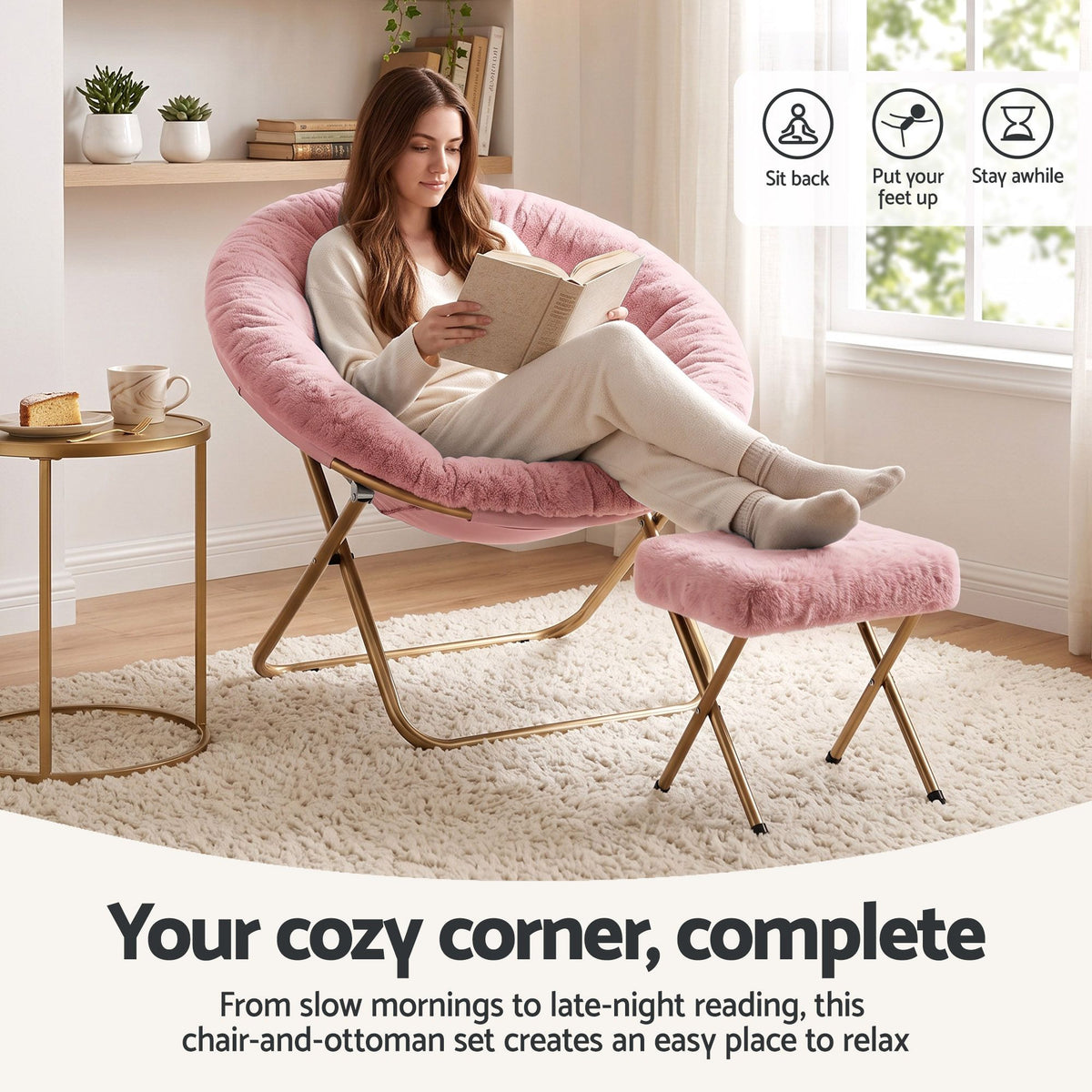 Artiss Faux Fur Saucer Chair with Ottoman - Pink