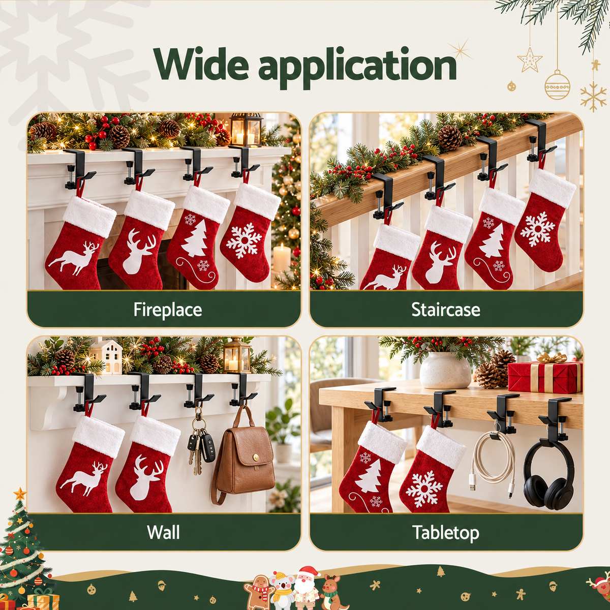 Jingle Jollys 4 Velvet Christmas Stockings 46.5cm & 4 Holders
