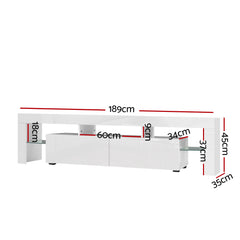 189cm RGB LED TV Stand Cabinet Entertainment Unit Gloss Furniture Drawers Tempered Glass Shelf White