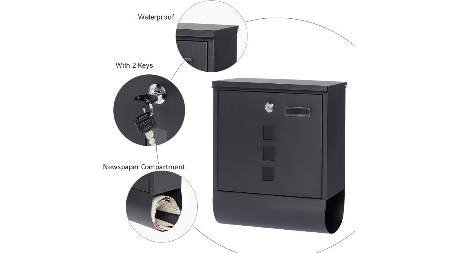 Letterbox with Newspaper Holder Stylish Black Mailbox