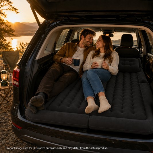 Black Multi-Chamber Car Inflatable Air Mattress with Electric Pump, Storage Bag & Pillows for Universal Trunk Sleeping and Camping