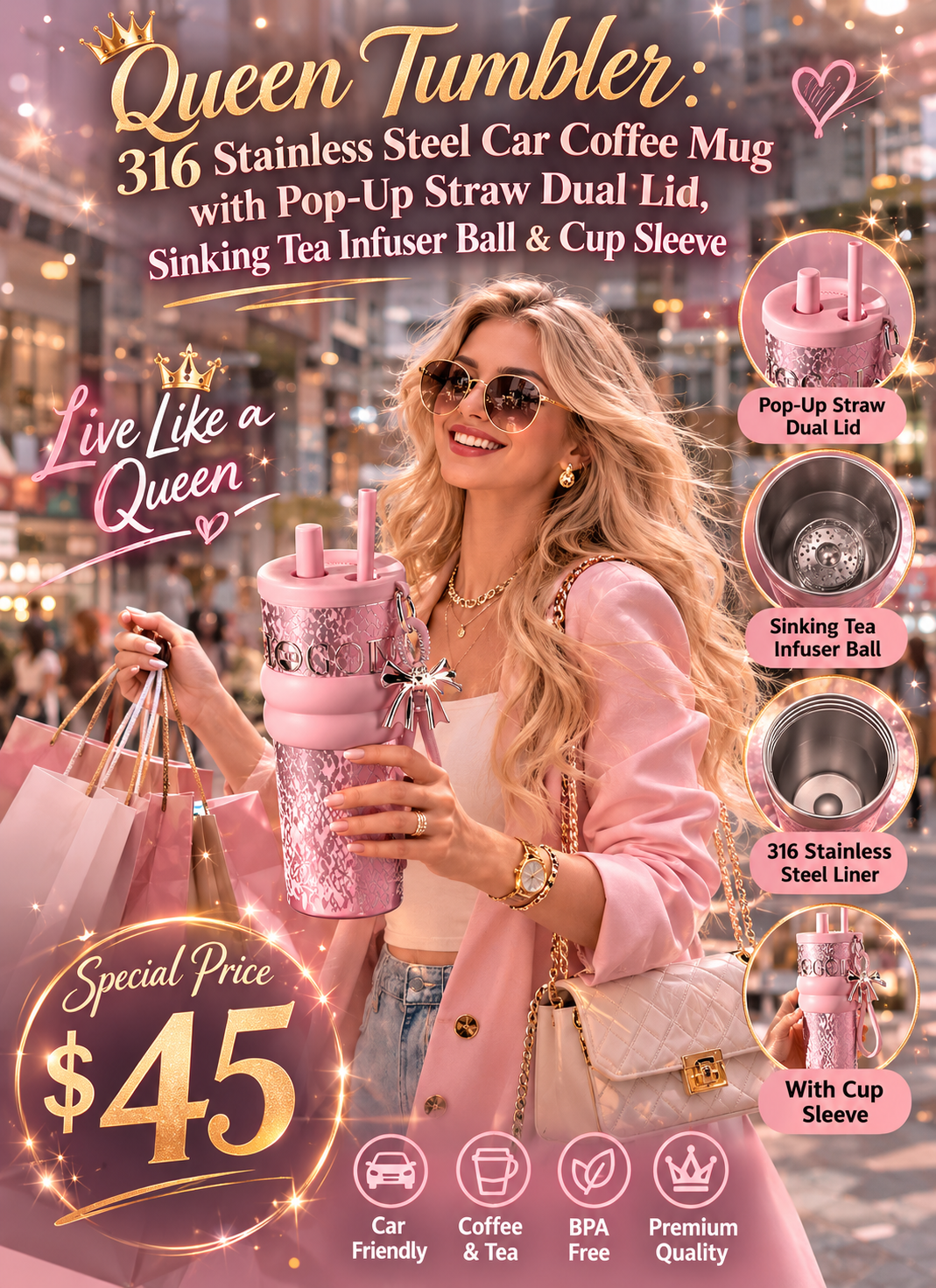 The Queen Tumbler: Dual-Lid Straw & Tea Infuser Travel Mug