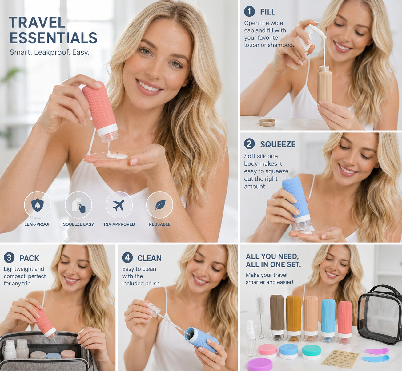 Silicone Travel Toiletry Bottles Set Leakproof Squeeze Containers with Case(04)