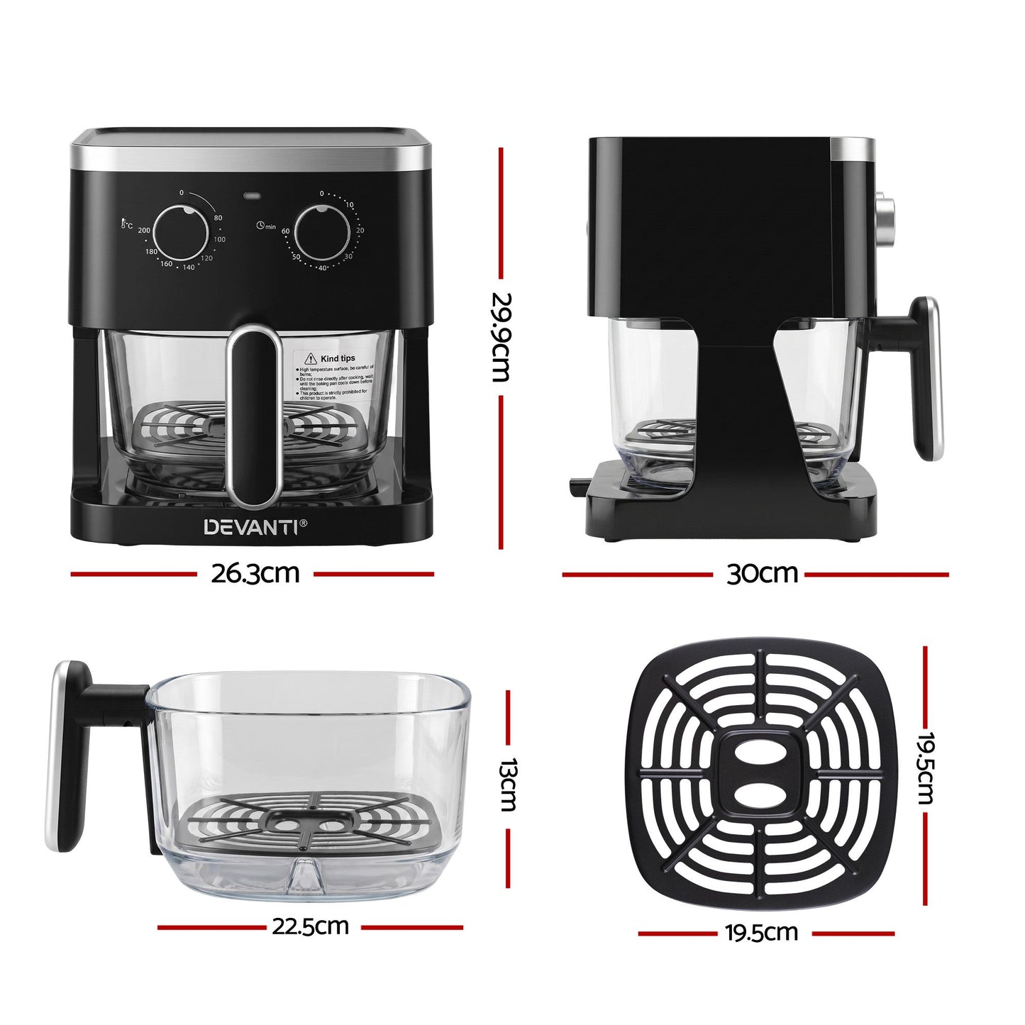 Devanti 4.5L Glass Air Fryer - Black