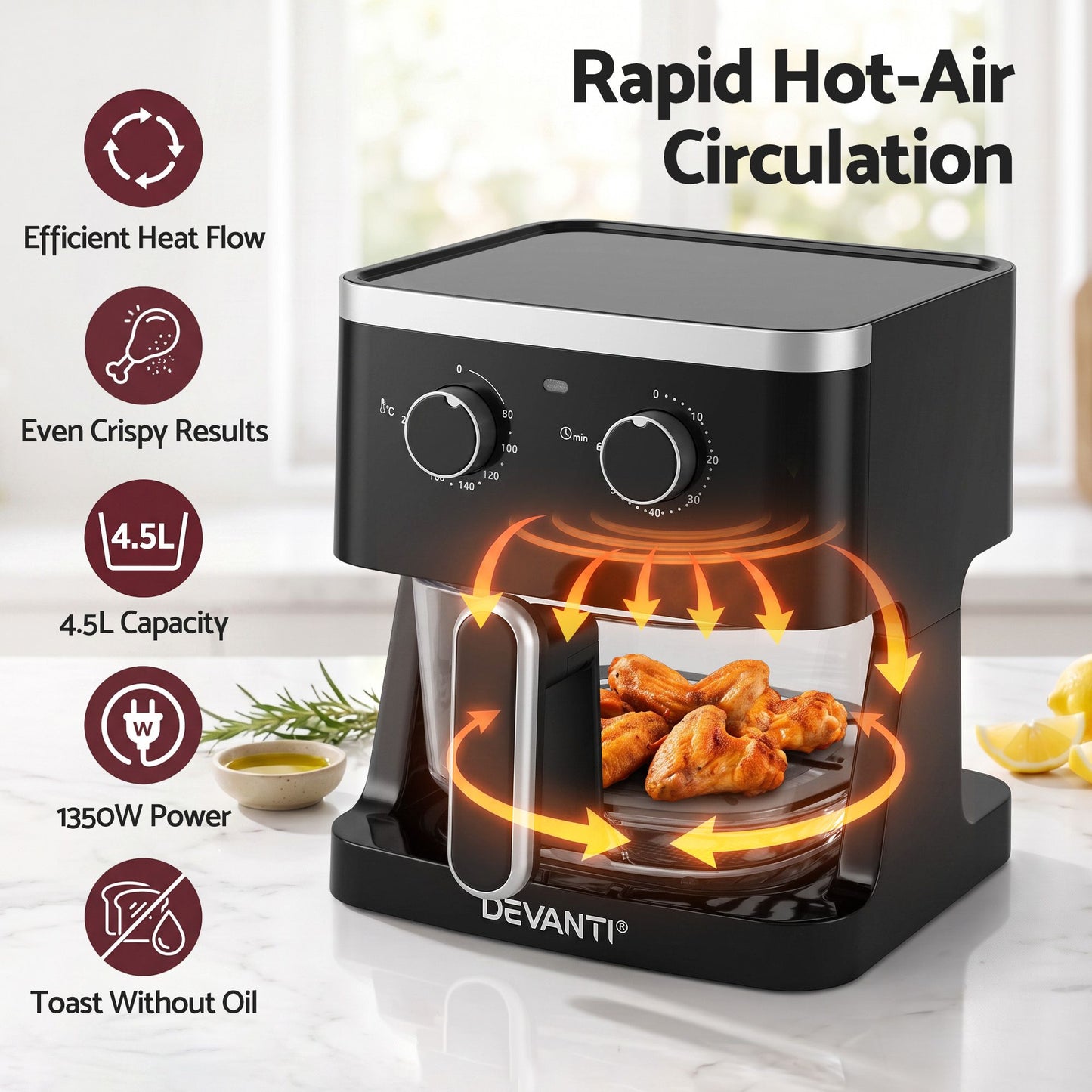 Devanti 4.5L Glass Air Fryer - Black