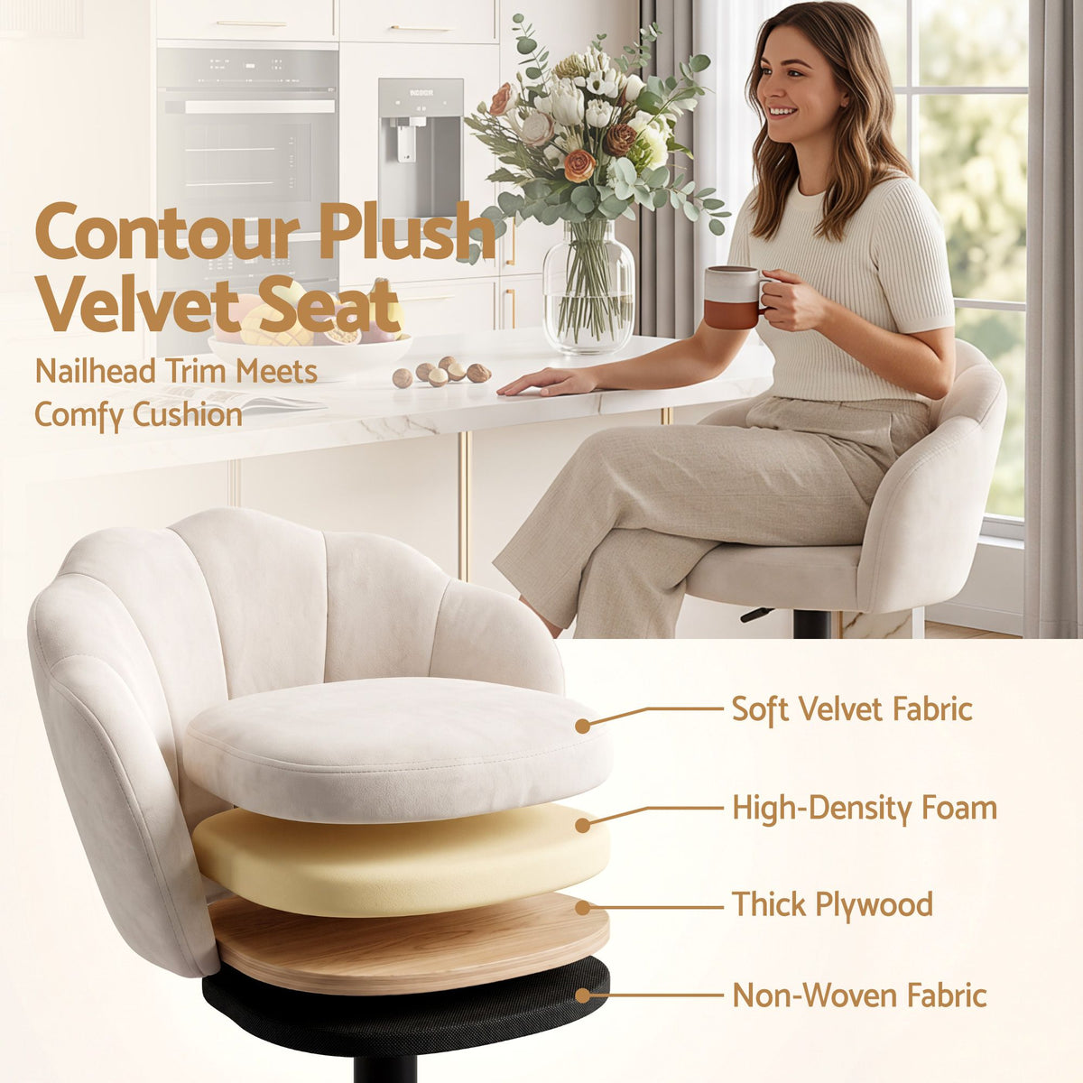 Artiss Nessah Velvet Bar Stools 62-83cm Ivory Set of 4