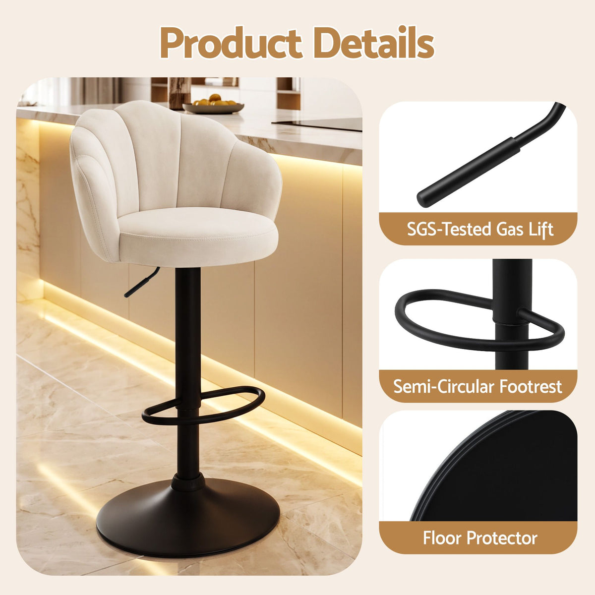 Artiss Nessah Velvet Bar Stools 62-83cm Ivory Set of 4