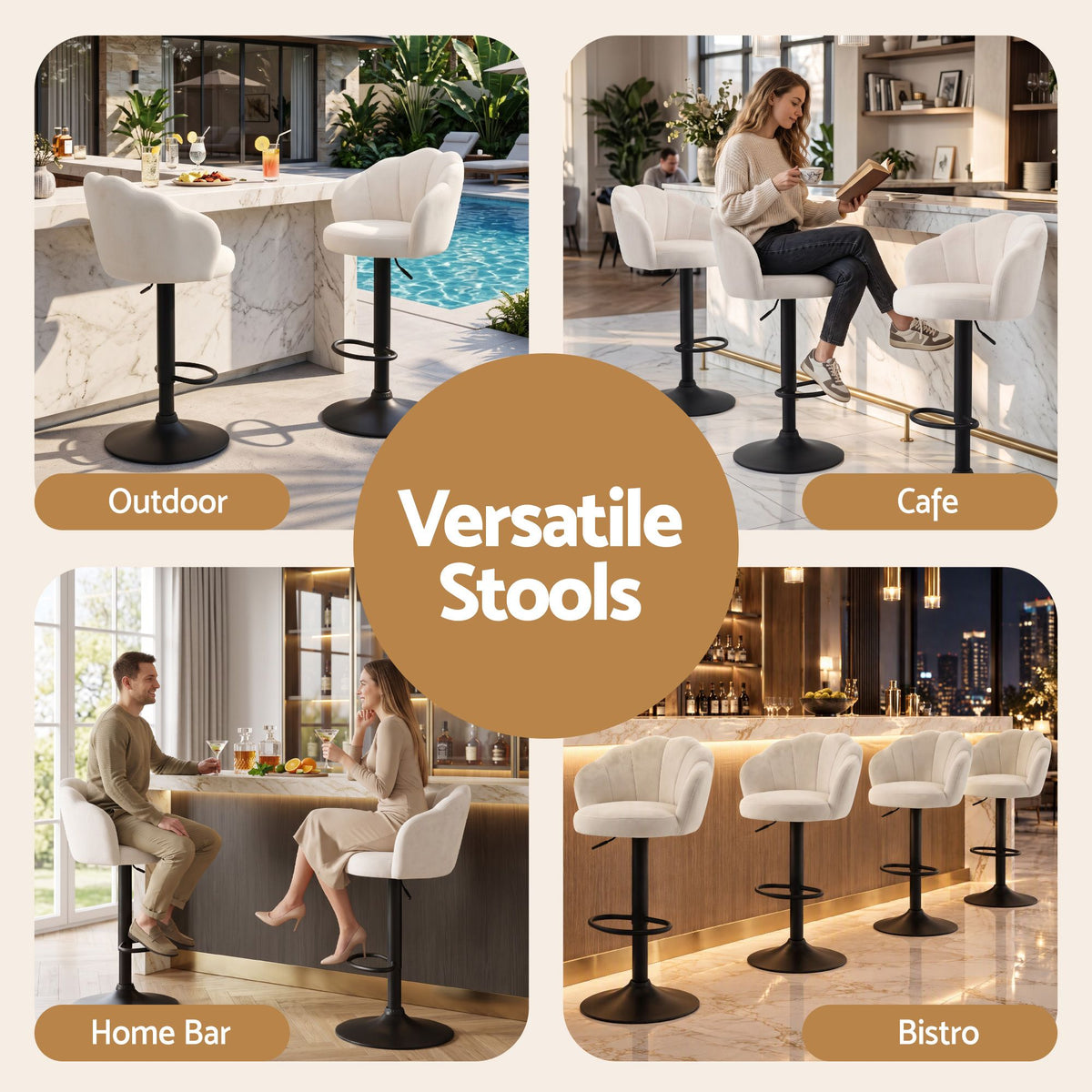 Artiss Nessah Velvet Bar Stools 62-83cm Ivory Set of 4