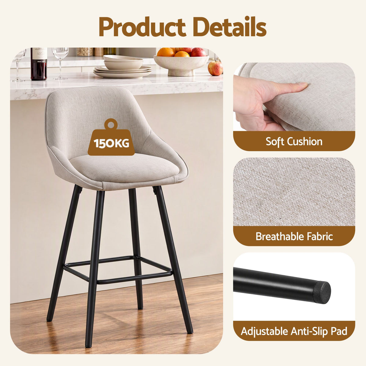 Artiss Linen Bar Stools 60cm Beige Set of 4
