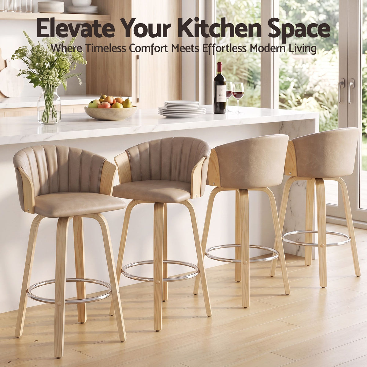 Artiss Wooden Swivel Bar Stools 66cm Khaki Set of 4