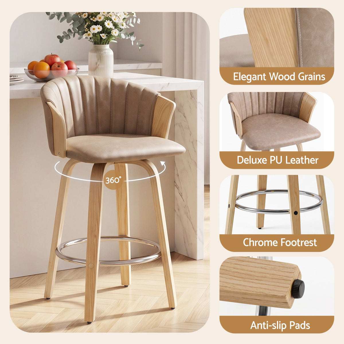 Artiss Wooden Swivel Bar Stools 66cm Khaki Set of 4