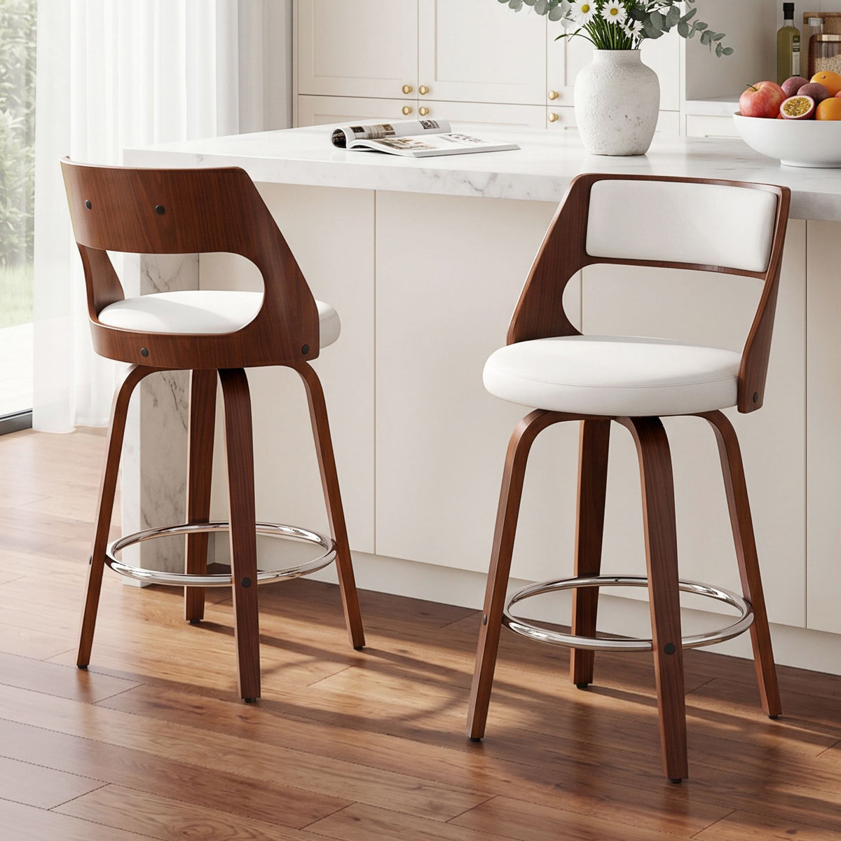 Artiss Wooden Swivel Bar Stools 65cm White/Walnut Set of 2