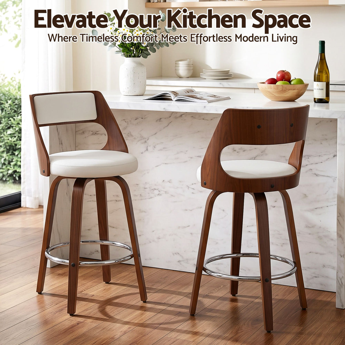 Artiss Wooden Swivel Bar Stools 65cm White/Walnut Set of 2