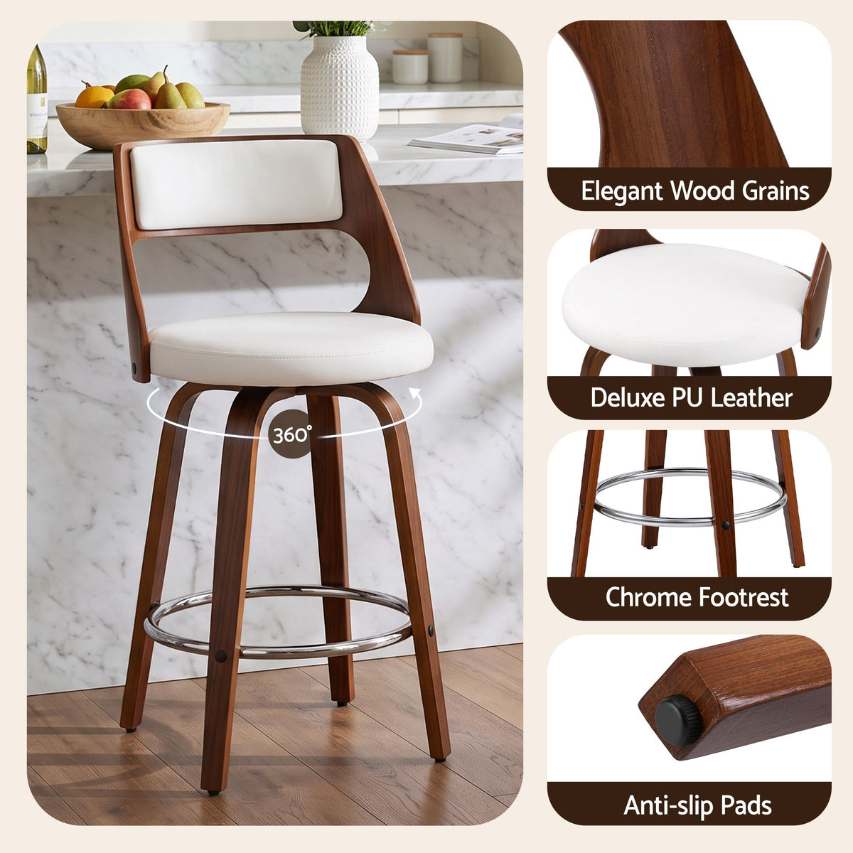 Artiss Wooden Swivel Bar Stools 65cm White/Walnut Set of 2