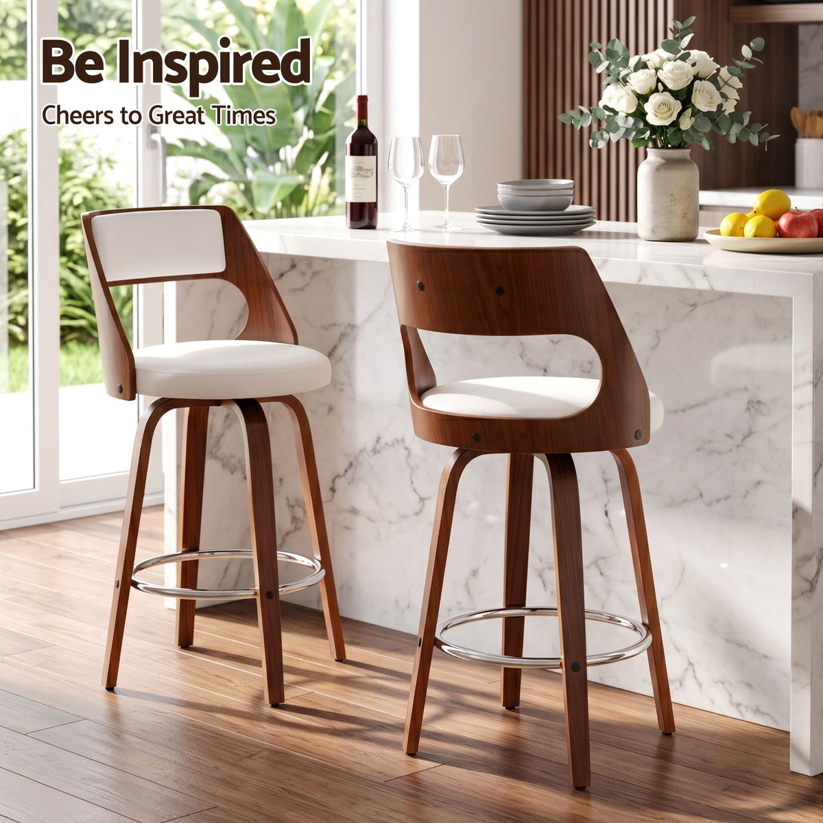 Artiss Wooden Swivel Bar Stools 65cm White/Walnut Set of 2